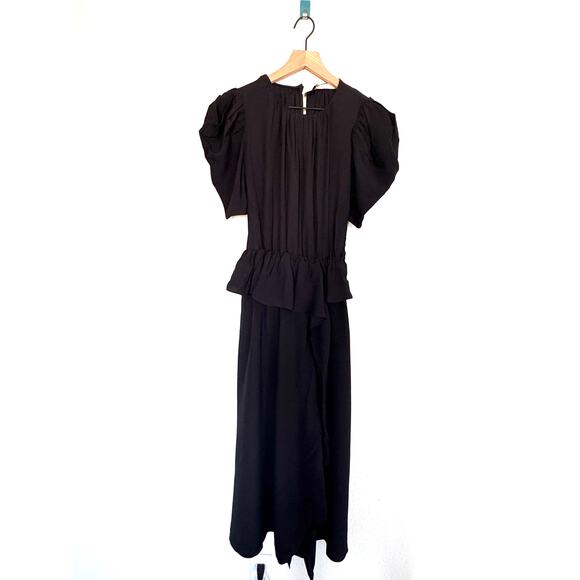 Ulla Johnson Marion Puff-Sleeve Belted Peplum Midi Dress Noir US6 - Picture 7 of 10